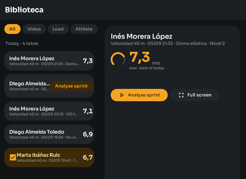 Pantalla de la biblioteca de Android con el tema Premium: lista de tomas a la izquierda y el detalle de la seleccionada a la derecha.